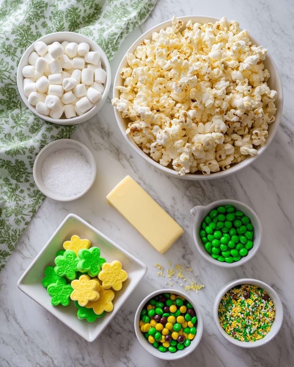 The image shows a white bowl full of light yellow popcorn placed on a white marbled surface. To the left is a white bowl filled with small white mini marshmallows. In the center, there is a stick of pale yellow butter. Below the butter is a small white square dish with bright yellow and green shamrock-shaped marshmallows. Around this dish are three more small white square bowls, each containing a different shade and size of green candy: one with regular M&M's, one with mini M&M's, and one with round green pretzel M&M's. Below these is another small white square bowl filled with a mix of green and yellow sprinkles. To the left of the shamrock marshmallows bowl is a small white square dish with salt. Some green M&M candies are scattered loosely on the white marbled surface. Part of a green cloth with a shamrock pattern is visible in the top left corner. The photo taken with an iphone --ar 4:5 --v 7