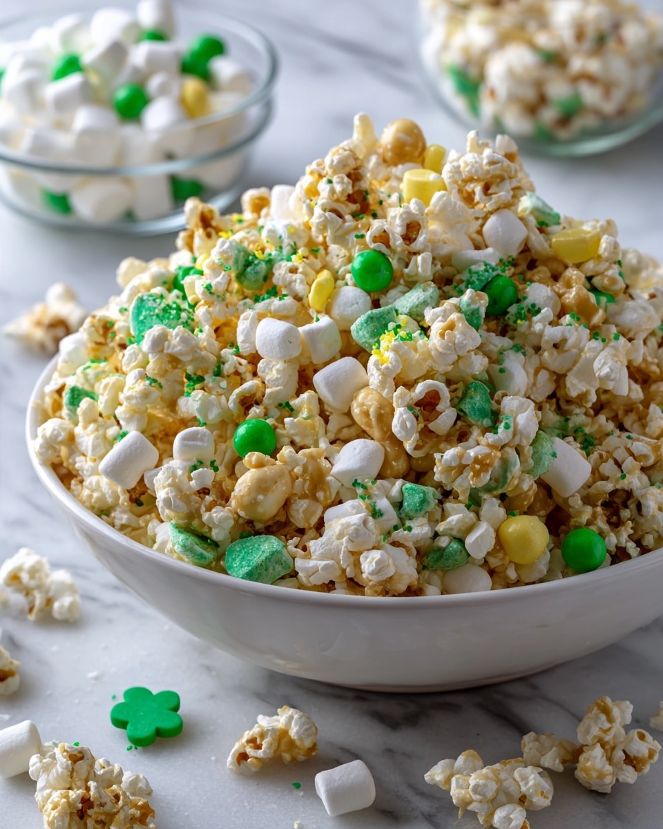 The image shows a metal tray filled with popcorn mixed with small white marshmallows and green candy pieces, including green balls and green sprinkles. To the right of the tray, there are three white square dishes arranged vertically, each containing different green candies: round green candy pieces in the top dish, mixed green sprinkles in the middle dish, and yellow-green marshmallow shapes with a green clover design in the bottom dish. Behind these, a white bowl filled with small round green candies is visible. The scene is set on a white marbled surface. photo taken with an iphone --ar 4:5 --v 7