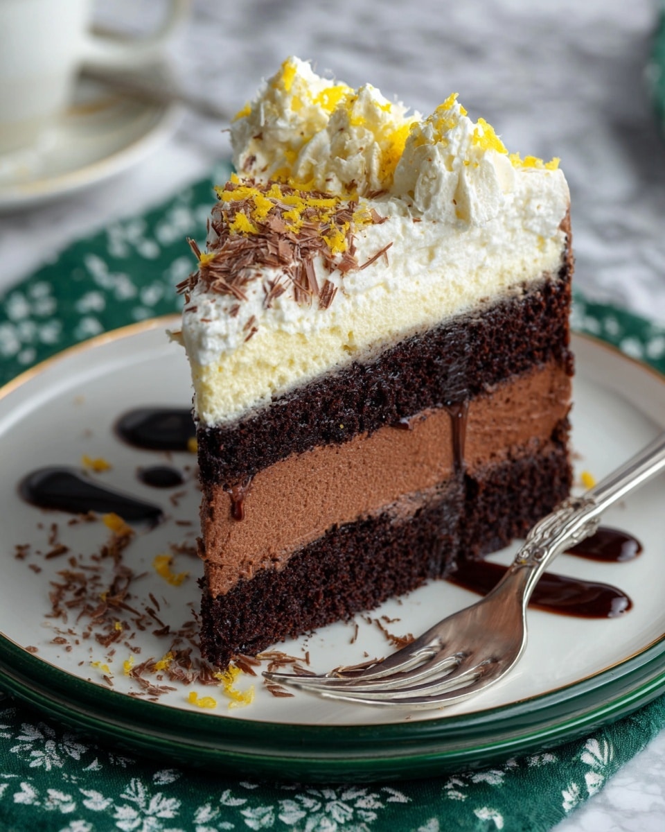 A slice of three-layer chocolate cake is on a white plate with a dark green rim. The bottom layer is a dense dark chocolate cake, topped by a thick, smooth dark chocolate mousse as the middle layer. The top layer is a fluffy white cream with light brown chocolate shavings and tiny yellow sprinkles scattered on it, with a drizzle of dark chocolate sauce along one edge. A silver fork rests on the plate with a small bit of cream under its tines. The plate sits on a green cloth with white patterns, all on a white marbled surface. Photo taken with an iphone --ar 4:5 --v 7