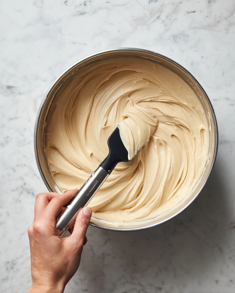 The image shows a metal bowl filled with a thick, smooth, pale beige batter or dough that has a creamy texture. A black spatula with a shiny handle is partially submerged in the mixture, and a woman's hand is visible holding the bowl on the left side. The batter has swirled patterns created by the spatula’s movements on the surface, giving it a soft and fluffy appearance. The background is a white marbled surface. photo taken with an iphone --ar 4:5 --v 7