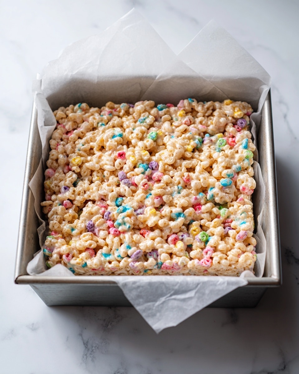 A square metal pan lined with white parchment paper holds one thick layer of a cereal treat. The treat is made of light beige puffy cereal pieces mixed with bright, colorful marshmallow bits in shades of red, blue, pink, green, yellow, and purple. The cereal pieces look soft and sticky, with some tiny shiny strings of melted binding material between them. The pan sits on a white marbled surface. photo taken with an iphone --ar 4:5 --v 7