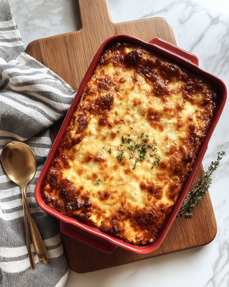 The image shows a red rectangular baking dish filled with a baked casserole. The top layer is golden brown with a slightly rough texture, likely crispy and cheesy from baking. The casserole sits on a wooden cutting board next to a spoon on a white marbled surface with a gray and white striped cloth nearby. photo taken with an iphone --ar 4:5 --v 7
