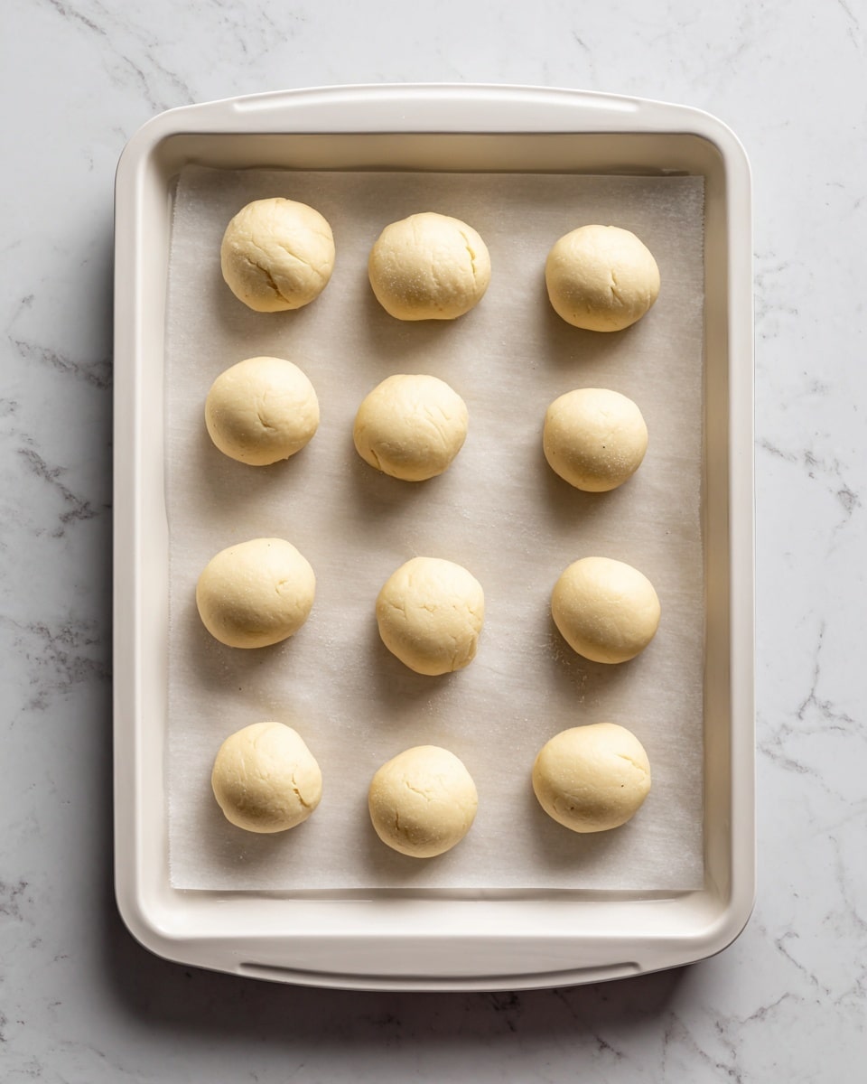 The image shows a white baking tray lined with parchment paper laid on a white marbled surface. On the paper, there are 13 small pale beige dough balls arranged loosely in rows, each one smooth and rounded with a soft texture. The dough balls are evenly spaced apart, highlighting their uniform size and shape. Photo taken with an iphone --ar 4:5 --v 7