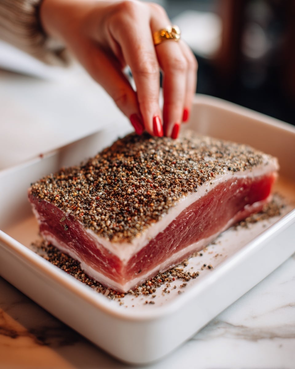 The image shows a thick cut of raw meat inside a white rectangular dish with a white marbled surface underneath. The meat has three visible layers: the bottom layer is deep red with a smooth texture, the middle layer is thinner with a pale pink color, and the top layer is covered with a thick, coarse coating of crushed black pepper. A woman's hand with red nail polish is gently pressing the pepper layer on the meat. Photo taken with an iphone --ar 4:5 --v 7