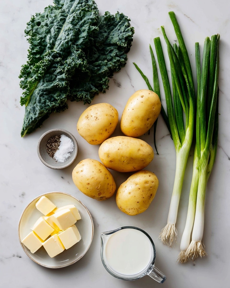 The image shows five yellow potatoes placed in the center on a white marbled surface, with a bunch of dark green kale leaves on the upper left side. To the lower left, there is a small white plate holding several square pieces of light yellow butter. Just below the potatoes, a small gray bowl contains coarse white salt and cracked black pepper. To the right of the potatoes, a clear glass measuring cup filled with white milk sits beside three green onions with white bulbs and long green stalks extending to the right edge of the frame. All items are neatly arranged with plenty of space between them. Photo taken with an iphone --ar 4:5 --v 7