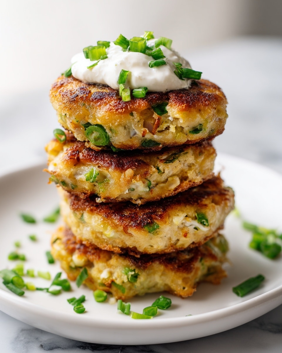 In a black cast iron pan placed on a white marbled surface, there are four round patties cooking; three patties are golden brown with slightly darker edges and small bits of green herbs visible throughout, each showing a crispy, textured surface. The fourth patty, on a light wooden spatula held by a woman's hand, is uncooked and pale yellow with visible green specks, smooth and soft in texture, positioned at the lower right of the pan. The spatula is sliding the uncooked patty into the pan among the cooked ones. The photo taken with an iphone --ar 4:5 --v 7
