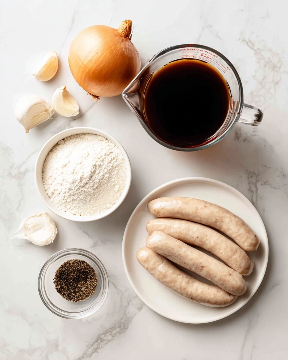 On a white marbled surface, several ingredients are neatly arranged: two garlic cloves with light beige skin at the top left, a golden brown onion next to them, and a small white bowl filled with white flour beneath the garlic. Below the flour is a small clear container of black pepper. In the center, a glass measuring jug contains dark brown beef stock or broth. To the right side, a white plate holds five pale pink sausages stacked close together. All elements have bright, natural lighting. Photo taken with an iphone --ar 4:5 --v 7