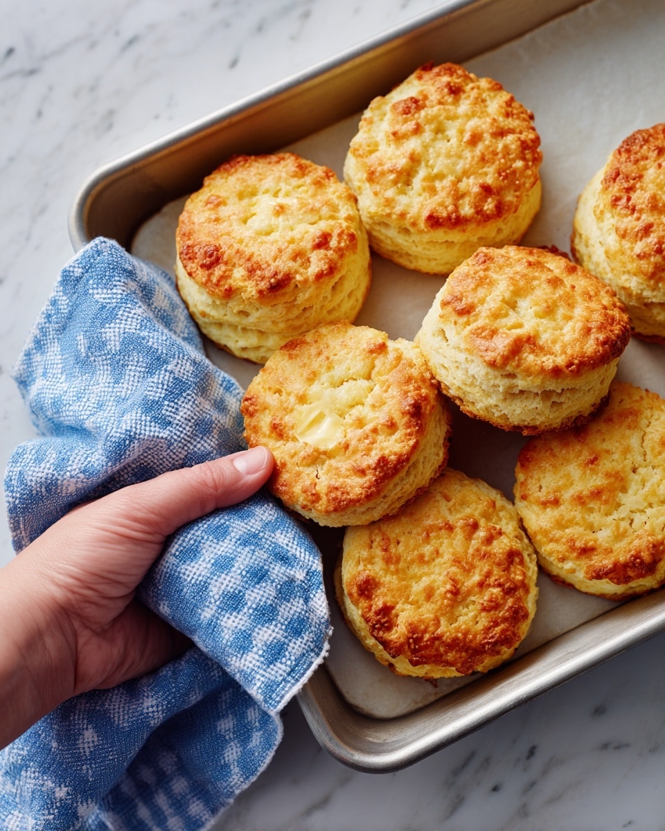 A woman's hand holding a blue and white checkered cloth grasps the edge of a baking tray with seven golden-brown split biscuits on it. The biscuits have three visible soft layers with a crumbly, textured surface on top. The tray is silver and placed on a white marbled surface. The image is bright and clear, showing the fresh, warm appearance of the biscuits photo taken with an iphone --ar 4:5 --v 7