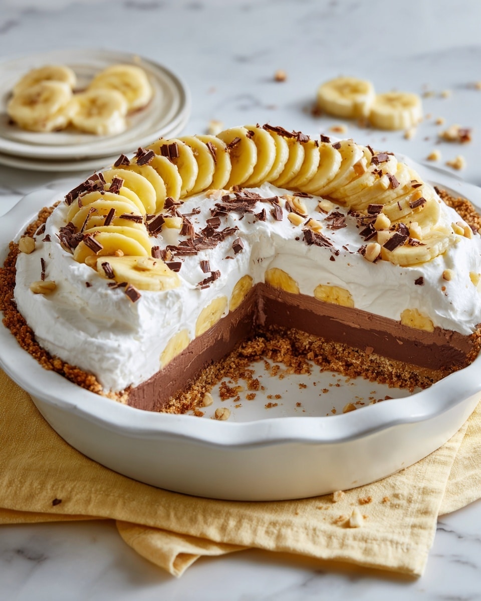 A white pie dish holds a multi-layered banana cream pie with one large slice removed, showing four clear layers: a crumbly light brown crust at the bottom, a smooth, thick chocolate layer above it, a row of sliced yellow bananas stacked neatly on top of the chocolate, followed by a thick, fluffy white whipped cream layer that covers the entire pie with small peaks. The whipped cream is sprinkled with thin dark brown chocolate shavings and small light brown nut pieces. The dish sits on a pale yellow cloth on a white marbled surface, with some banana slices and crumbs around. Photo taken with an iphone --ar 4:5 --v 7