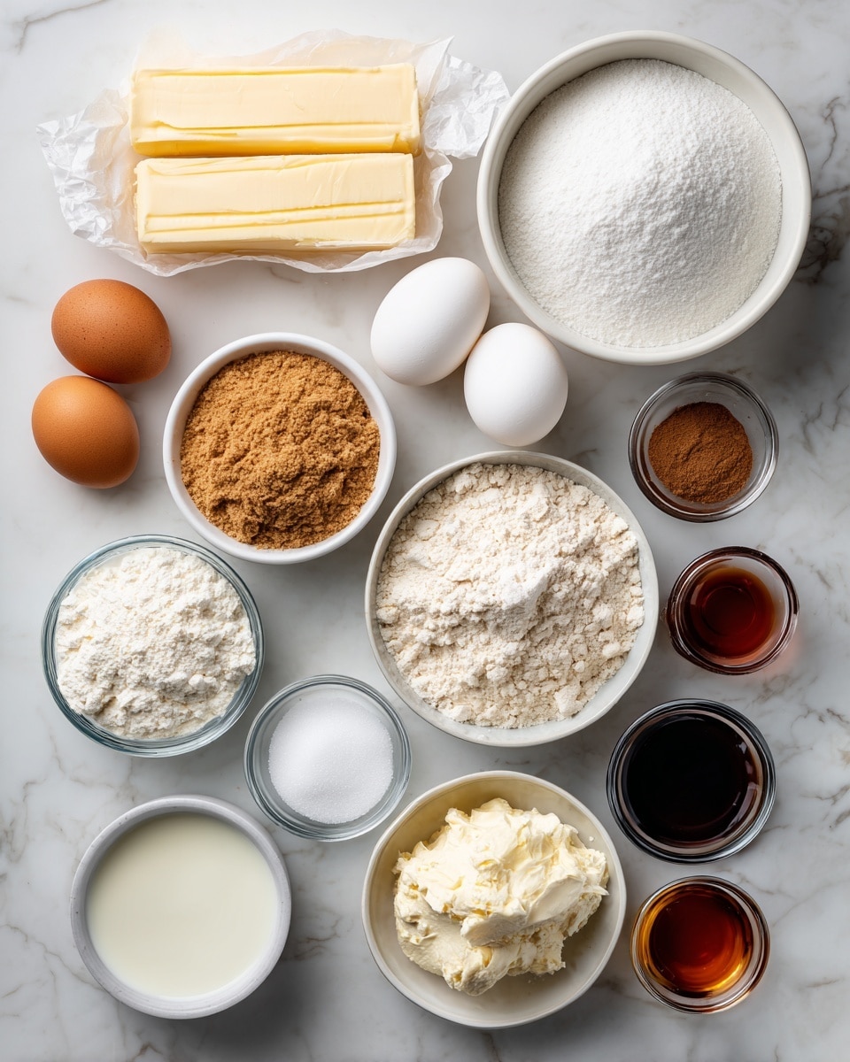The image shows various baking ingredients neatly arranged on a white marbled surface. There are two sticks of butter wrapped in paper at the top left, next to a large white bowl filled with white sugar and another white bowl with brown sugar below it. A big white bowl with flour is near the middle next to two white eggs. A small white bowl with cream cheese is near the center. Around these are several small glass bowls holding cream, syrup, vanilla extract, baking powder, baking soda, salt, cinnamon, and a darker liquid. All items are placed in an organized manner, creating a clear view of each ingredient. Photo taken with an iphone --ar 4:5 --v 7
