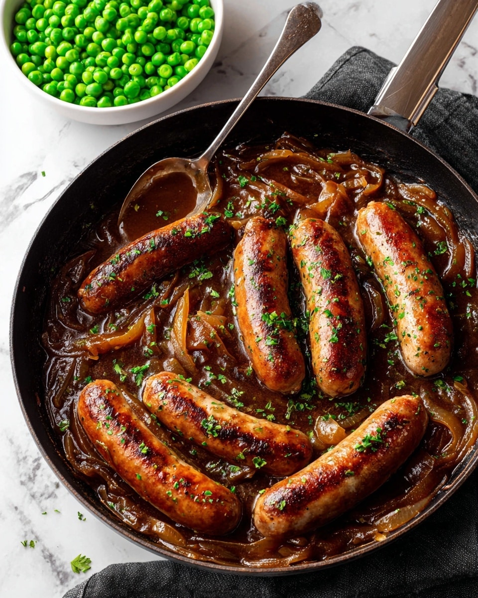 A white round plate holds a meal with three main layers positioned side by side. On the left, there is a pile of bright green peas with a smooth, round shape and shiny texture. Next to the peas, two brown sausages sit on a creamy layer of mashed potatoes, which is white with a slightly lumpy and soft texture. The sausages are covered with a thick, glossy brown gravy that contains thin, translucent slices of cooked onions spread over both the sausages and potatoes. A knife with a white handle rests on the plate near the peas, and a metal fork is placed partially on the mashed potatoes. The plate sits on a white marbled surface, and the photo is taken with an iphone --ar 4:5 --v 7