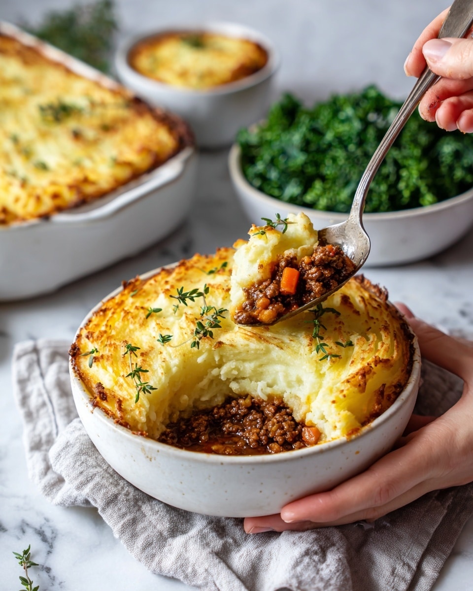 A white bowl filled with two thick layers: the bottom layer is dark brown cooked ground meat mixed with small orange carrot pieces and rich sauce, and the top layer is fluffy pale yellow mashed potatoes with a golden brown baked crust sprinkled with small green thyme leaves. A woman's hand is holding the bowl on a light gray cloth, and another woman's hand is using a silver spoon to scoop the dish. In the background, part of a white rectangular baking dish filled with the same layered dish is visible, along with a white bowl containing bright green cooked kale placed on a white marbled surface. Photo taken with an iphone --ar 4:5 --v 7
