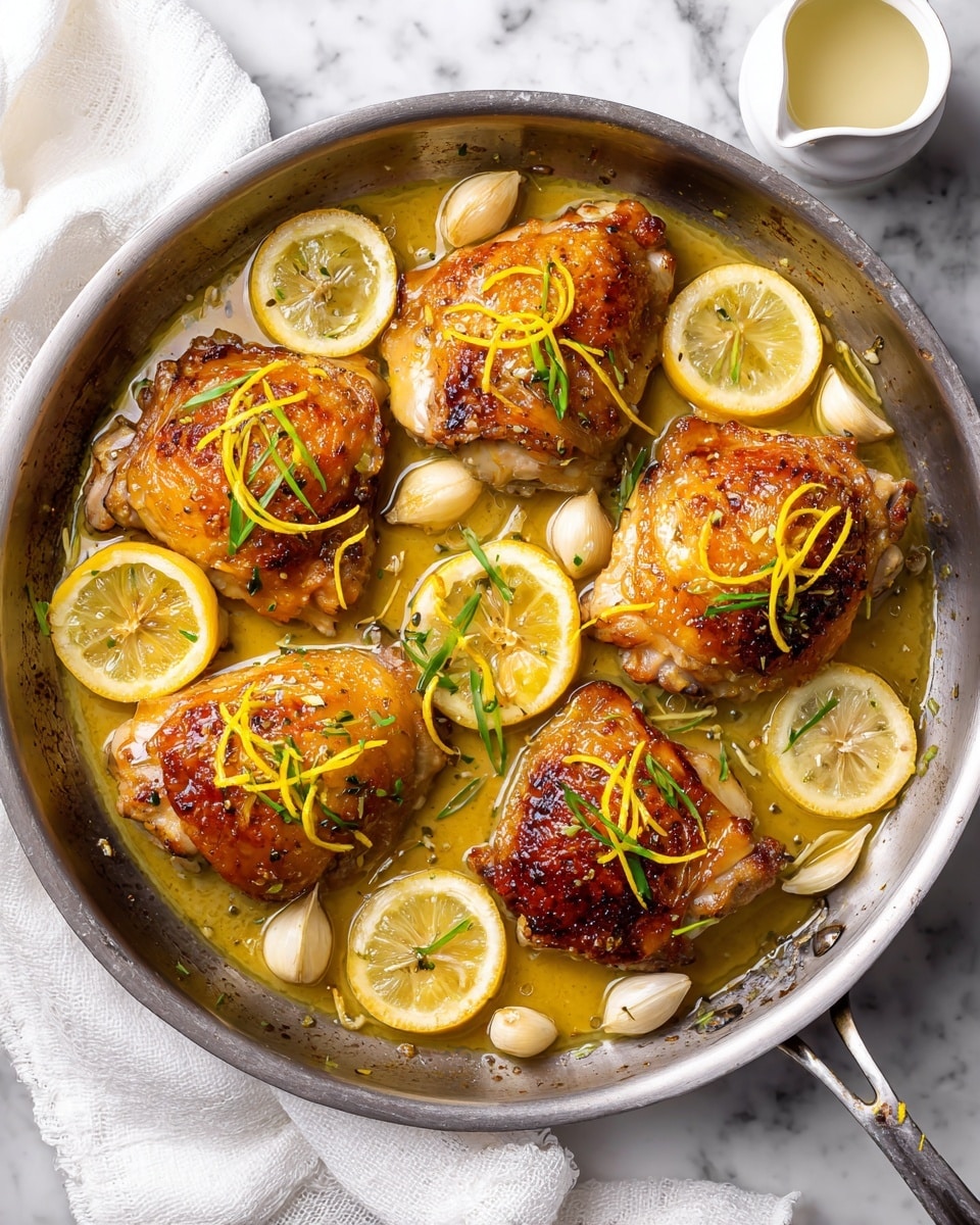 Five pieces of golden brown cooked chicken thighs with crisp skin layered evenly in a black pan, each showing a slightly bumpy texture and browned seasoning spots. The chicken skin has a warm orange-yellow color with shining oil bubbles around the edges, while the pan underneath is dark with some frying oil glistening. Steam rises slightly from the hot chicken, suggesting it is fresh from cooking. The background and surface are changed to white marbled texture. photo taken with an iphone --ar 4:5 --v 7