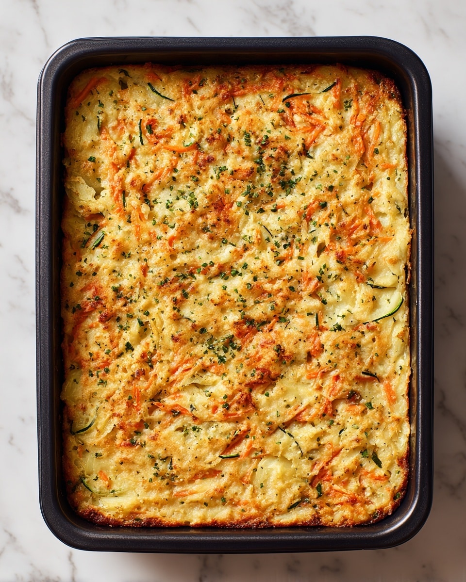 The image shows a top view of a rectangular black baking dish filled with a cooked layered vegetable casserole. The dish has a golden crust on top, with visible pieces of grated orange carrots, thin green zucchini slices, and light beige potatoes mixed throughout the top layer. The vegetables appear soft, slightly browned at the edges, and mixed in a creamy texture spread evenly across the entire surface. The dish is placed on a white marbled surface. photo taken with an iphone --ar 4:5 --v 7