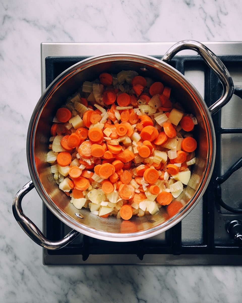 A large silver pot is placed on a kitchen stove with black burner grates. Inside the pot, there are two visible layers of chopped vegetables: a bottom layer of pale beige pieces and a top layer of bright orange round carrot slices. The pot has two round handles on each side. The background surface has a white marbled texture. photo taken with an iphone --ar 4:5 --v 7