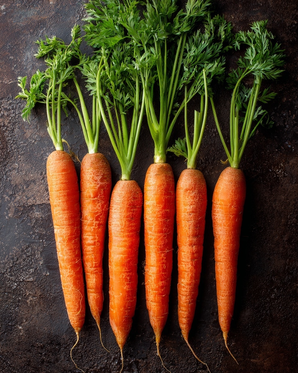 The image shows five fresh carrots with green tops still attached, arranged in a vertical row close together. Each carrot has a smooth, bright orange skin with fine lines and small root hairs visible, showing a natural texture. The carrots vary slightly in size but are generally long and slender. The green tops are fresh and leafy, extending upwards with a vibrant green color. This all sits on a dark, rough-textured surface that contrasts with the bright orange carrots. photo taken with an iphone --ar 4:5 --v 7