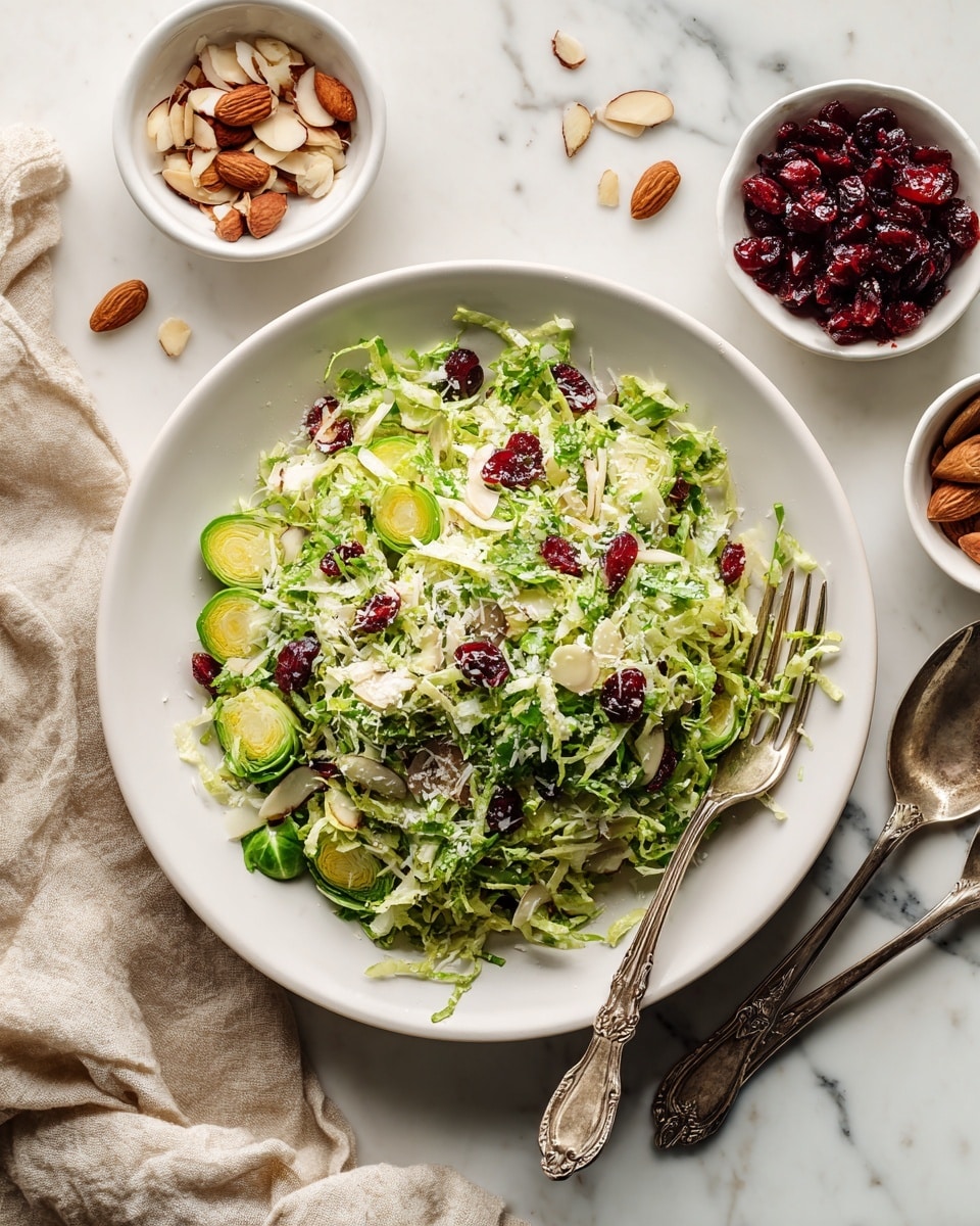The image shows a textured bowl filled with a green salad made of shredded leafy greens and halved Brussels sprouts. There are thin rings of light-colored onions mixed in, along with scattered bits of dark red dried cranberries. A vintage silver spoon rests inside the bowl on the right side. The bowl sits on a white marbled surface with some sliced almonds and cranberries scattered around. Part of another bowl with more green salad is visible at the top right corner. The scene is lit with natural light, making the salad look fresh and vibrant. Photo taken with an iphone --ar 4:5 --v 7