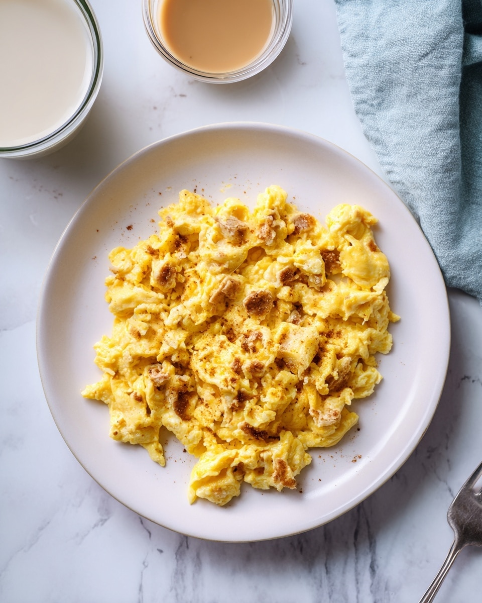 A black frying pan on a gas stove holds a single layer of scrambled eggs. The eggs are light yellow with some golden brown spots, showing a slightly rough, uneven texture from cooking. The pan shows a small amount of oil residue around the edges. The stove’s surface underneath is black with metal burner grates visible, sitting on a white marbled texture. Photo taken with an iphone --ar 4:5 --v 7