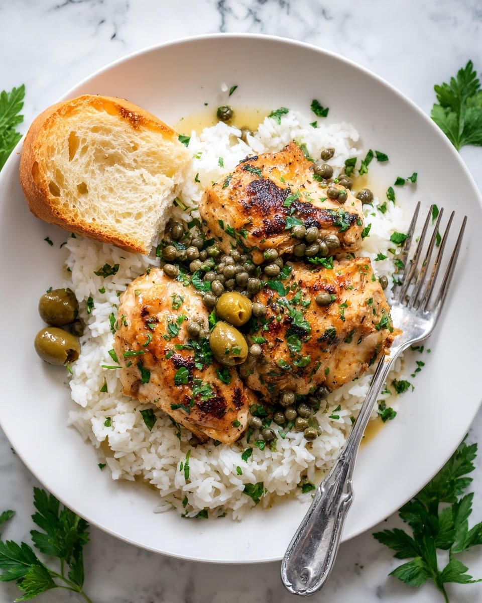 A white plate with a base layer of fluffy white rice topped with two pieces of golden-brown cooked chicken that have a slightly charred texture in parts. The chicken is covered with green olives and small green capers, along with sprinkled chopped fresh parsley. On the left side of the plate, there is a piece of crusty, golden-brown bread with a soft inside. A metal fork is placed on the right side on the rice. The plate sits on a white marbled surface with green parsley leaves near the bottom edge. Photo taken with an iphone --ar 4:5 --v 7