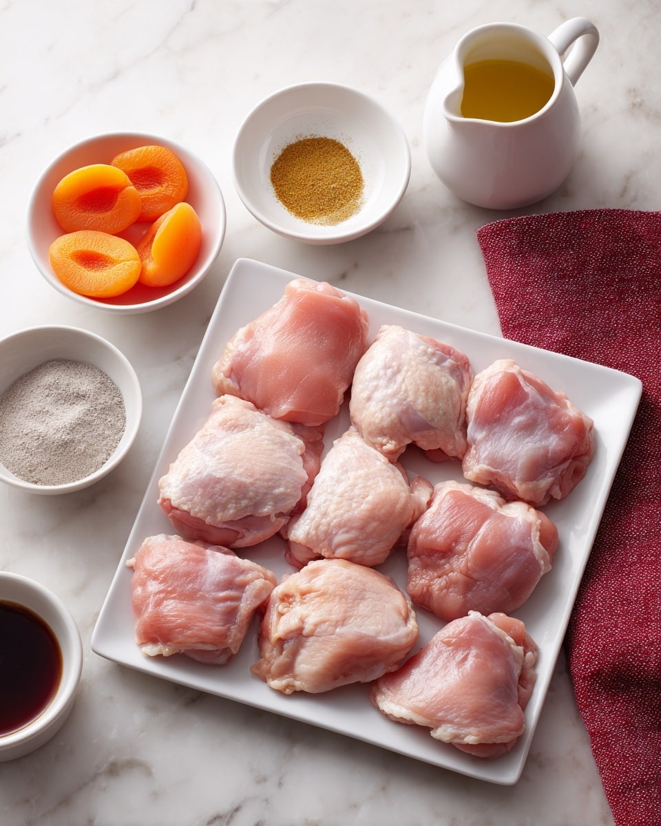 A white square plate holds nine pieces of raw light pink chicken thighs arranged neatly in two rows, placed on a white marbled surface. To the left are four small white round bowls and one white round bowl arranged in a semi-circle from top left to bottom right, featuring on the top left bright orange sliced apricots with a shiny wet look, below it a bowl with a greyish powder, on the bottom left a bowl filled with dark liquid sauce, in the middle top a bowl with ground yellow spice, and on the top right a white jug filled with light golden oil. There is a red cloth and a gray textured cloth in the background near the top edge. Photo taken with an iphone --ar 4:5 --v 7