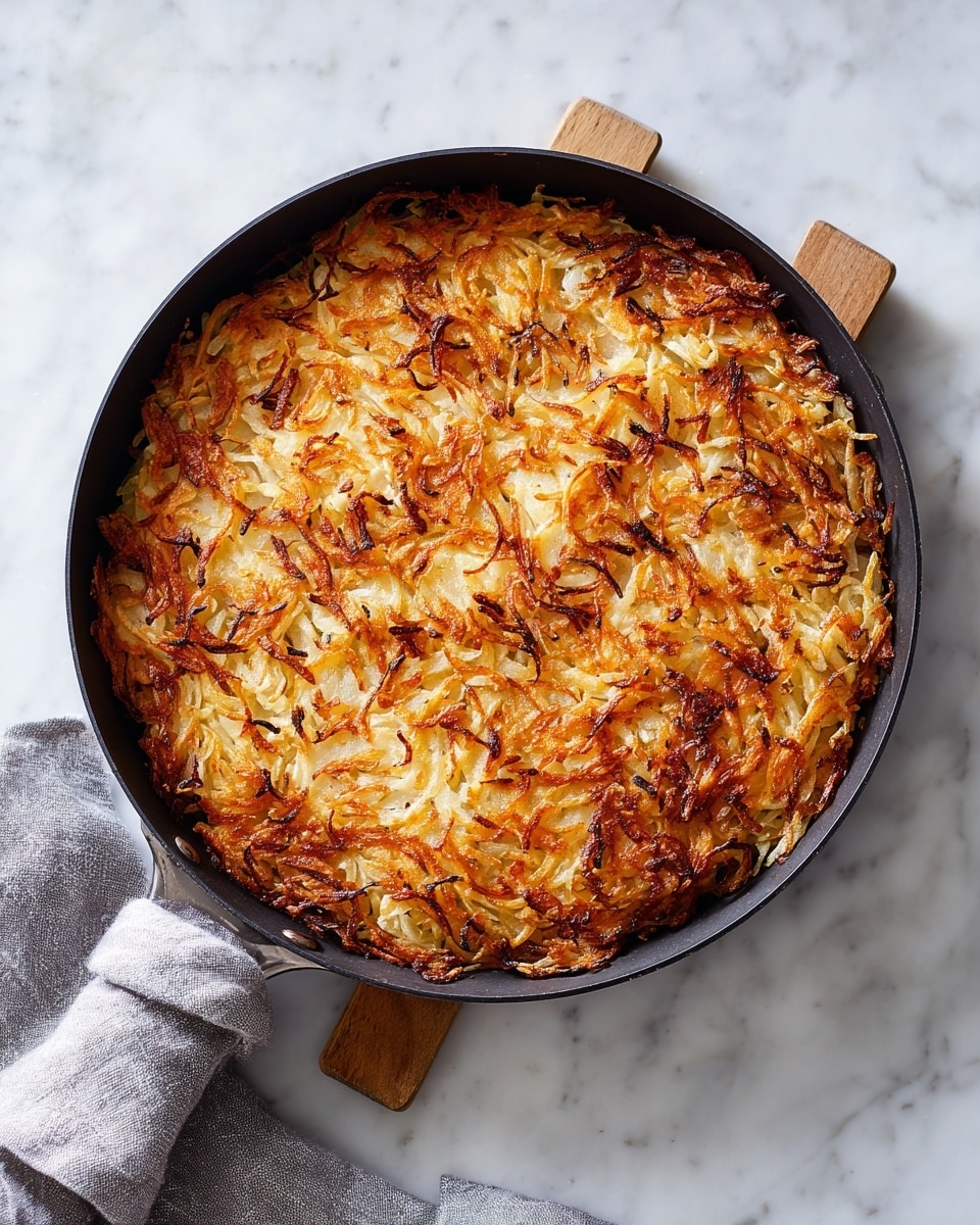 The image shows a round dish of baked shredded potatoes in a black cast iron skillet, with a wedge removed to reveal a layered inside. The top layer is golden brown and crispy with visible toasted edges of the shredded potatoes. The inside layers are lighter in color, showing a softer, cooked texture of mixed white and lightly browned potato strands. In the background, a single slice of the potato dish is placed on a white plate with some crumbs scattered near it. The scene is set on a white marbled surface with a gray cloth partially visible next to the skillet. photo taken with an iphone --ar 4:5 --v 7