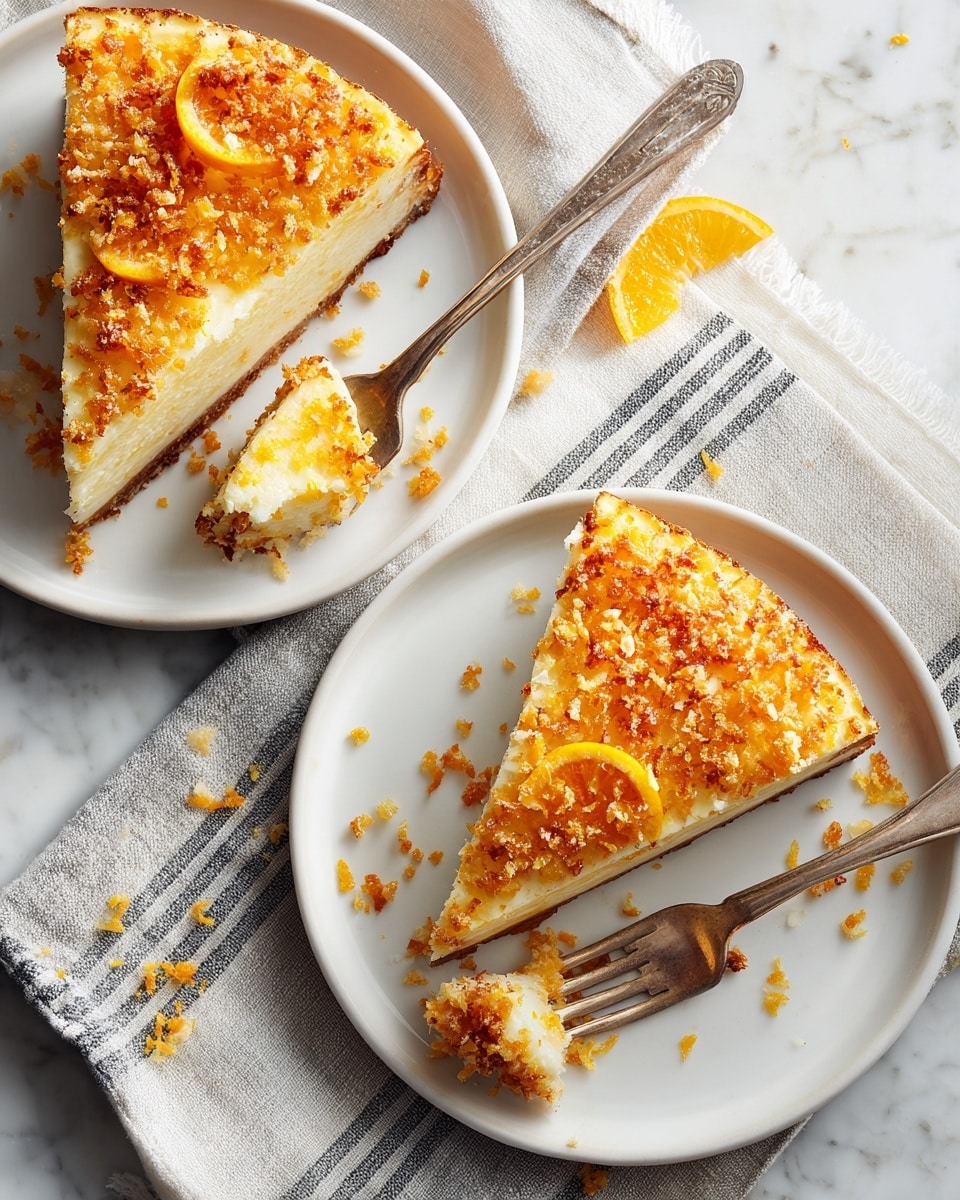 Two slices of a baked dish with grated orange and pale yellow topping sit on two white plates placed on striped cloth napkins. Each slice shows a textured bottom layer of soft pale yellow, topped with a rough layer of shredded orange and light tan ingredients. A fork near one slice holds a bite-sized piece, with crumbs scattered around. The scene is set on a white marbled surface. Photo taken with an iphone --ar 4:5 --v 7