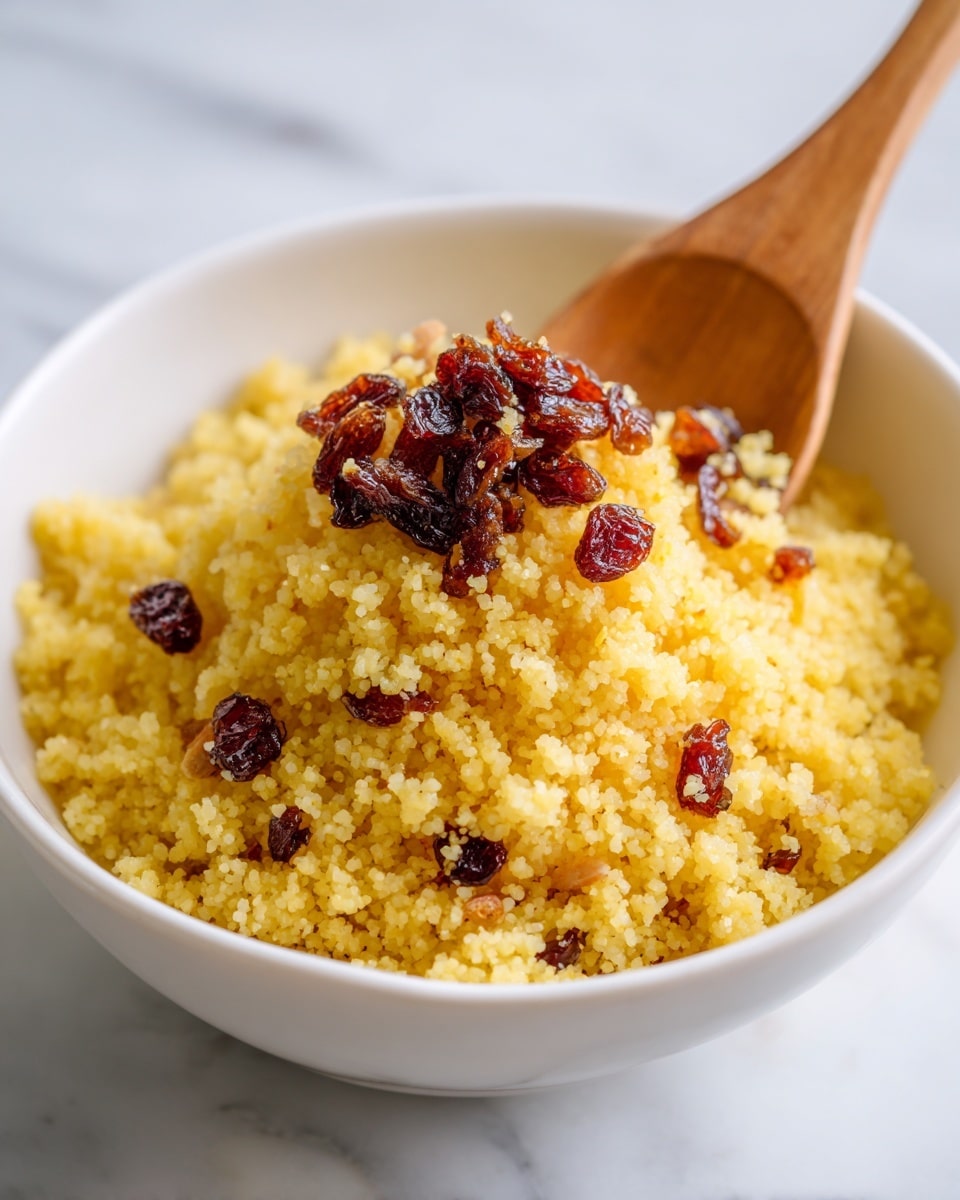 The image shows a close-up of a white bowl filled with a yellow grain dish that looks soft and fluffy with small round shapes. On the top middle part of the grain, there is a small pile of dark red dried fruit pieces, slightly shiny and scattered unevenly. To the right side, a wooden spoon is partially dipping into the grain, with the handle slightly visible. The whole bowl sits on a white marbled surface. photo taken with an iphone --ar 4:5 --v 7