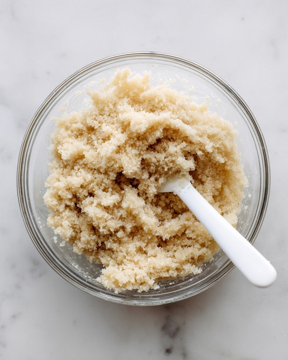 A clear glass bowl filled with a fluffy, light beige mixture that has a soft, grainy texture, resembling finely shredded or grated ingredients clumped together. A white spatula with a clean handle is partially submerged on the right side, covered lightly with the same mixture. The bowl sits on a white marbled surface that adds a smooth, polished background to the scene. photo taken with an iphone --ar 4:5 --v 7
