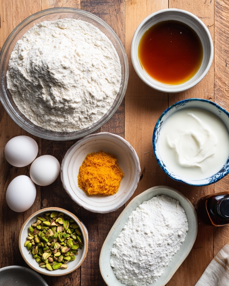 A top view of various ingredients arranged on a wooden surface, including a large clear bowl filled with white flour on the top left, a white bowl with light brown syrup or honey with white edges and a blue rim on the top right, a small white bowl with bright orange zest or paste on the bottom left, a white bowl with chopped green pistachios in the center, an oval white bowl with white powder like cornstarch or powdered sugar at the bottom right, two whole white eggs near the bottom left, and a small dark bottle on the right side; the overall setting is clean and organized. photo taken with an iphone --ar 4:5 --v 7