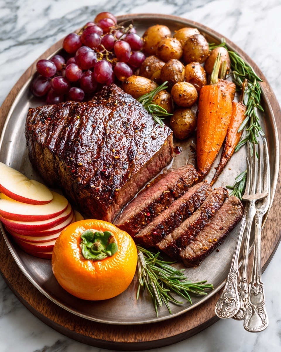 The image shows a black cooking pot filled with layers of ingredients starting with whole red-skinned apples and whole small yellow potatoes at the bottom. On top of these are whole carrots, browned onion pieces, and small chopped garlic scattered over the center. Fresh green rosemary sprigs lie across the ingredients, adding a vibrant touch. The colors mix warm oranges, reds, yellows from the vegetables and fruits with the muted green of rosemary and the light brown of cooked onions. The pot sits on a white marbled surface. photo taken with an iphone --ar 4:5 --v 7