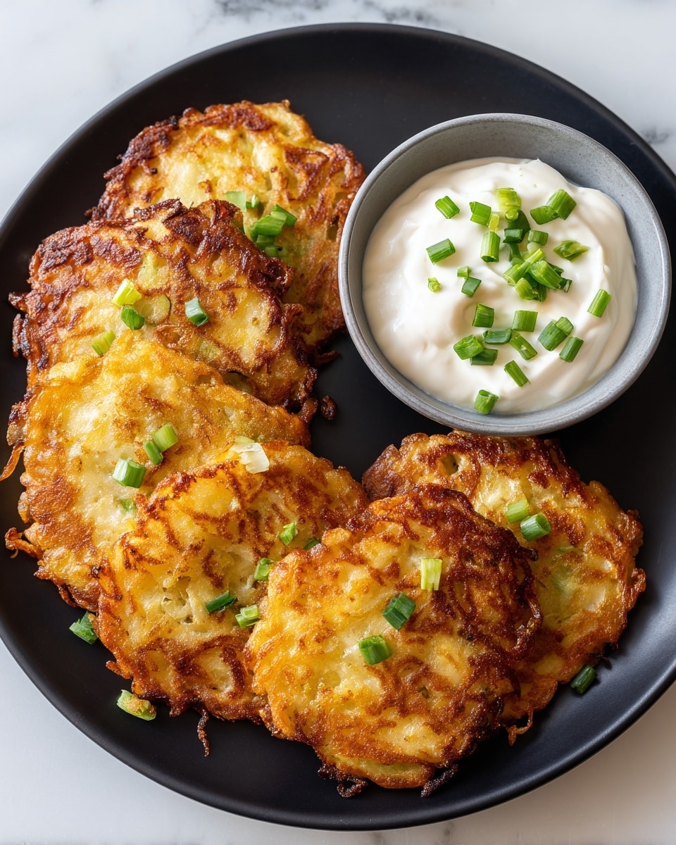 A black plate holds five golden brown potato pancakes with crispy edges, arranged in a casual cluster on the left side of the plate. To the right side, there is a small grey bowl filled with smooth, thick white sour cream topped with small pieces of green chopped scallions. Some scallion pieces are scattered lightly around the plate and on the pancakes. The plate sits on a white marbled surface. photo taken with an iphone --ar 4:5 --v 7