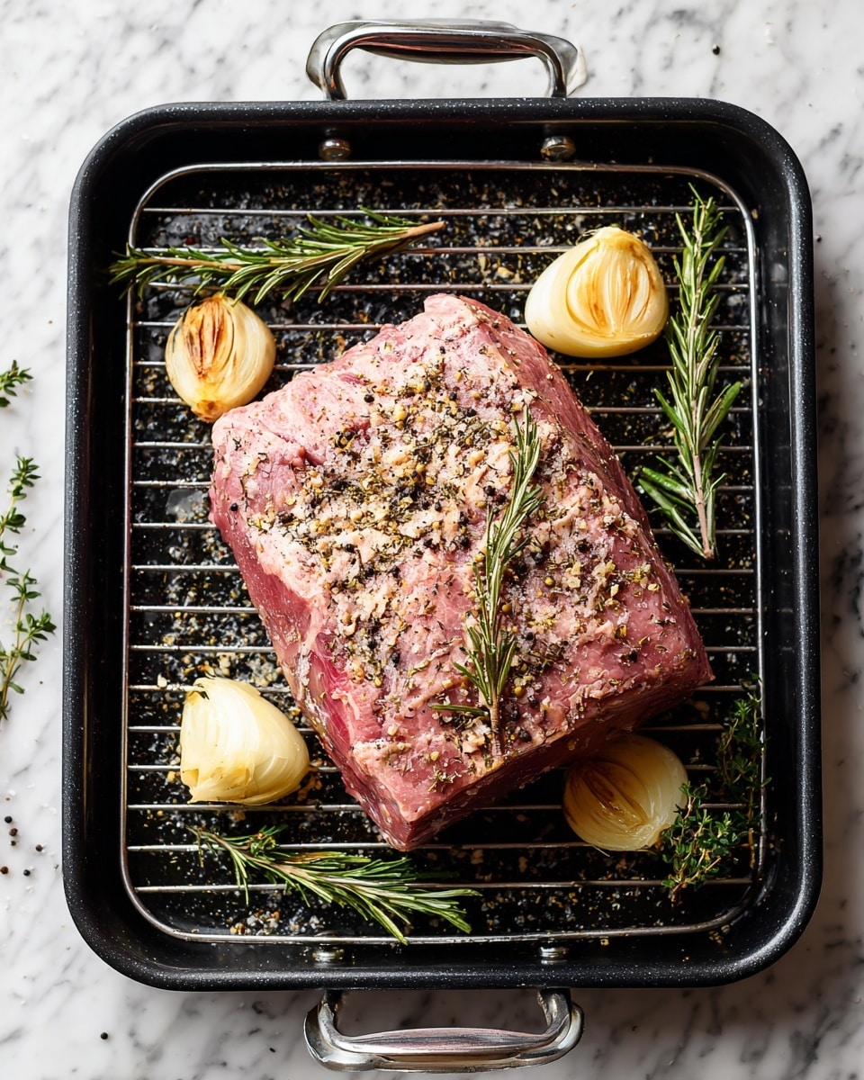 A large piece of raw meat with a pinkish color and a rough texture lies in the center of a black roasting pan, sprinkled with coarse salt, black pepper, and dried rosemary leaves giving it a speckled look. Around the meat, there are two halves of garlic bulbs, pale yellow inside, one on the bottom left and one on the top right, and small sprigs of fresh rosemary with dark green thin leaves, positioned near the garlic. The roasting pan has metal handles on the sides and a metal rack inside that the meat rests on. The pan sits on a white marbled surface. Photo taken with an iphone --ar 4:5 --v 7