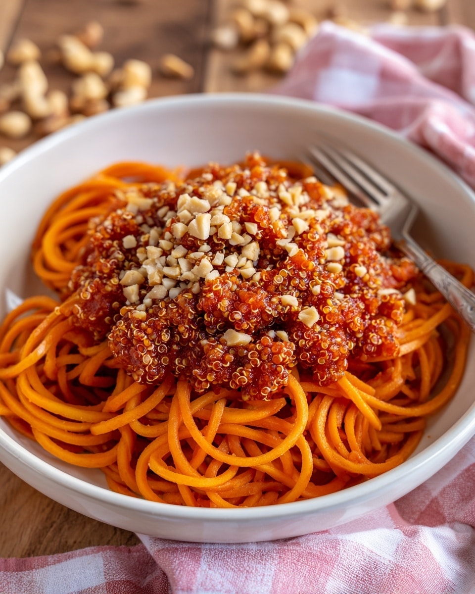 A white bowl holds a serving of spiral-shaped orange noodles forming the base layer. On top, there is a chunky red tomato sauce mixed with small white quinoa pieces, spread evenly over the noodles. The dish is sprinkled with small chopped pieces of light brown nuts, adding texture. The bowl is placed on a wooden surface with some scattered nuts in the background and a pink and white checkered cloth nearby. A fork rests on the right side of the bowl. photo taken with an iphone --ar 4:5 --v 7
