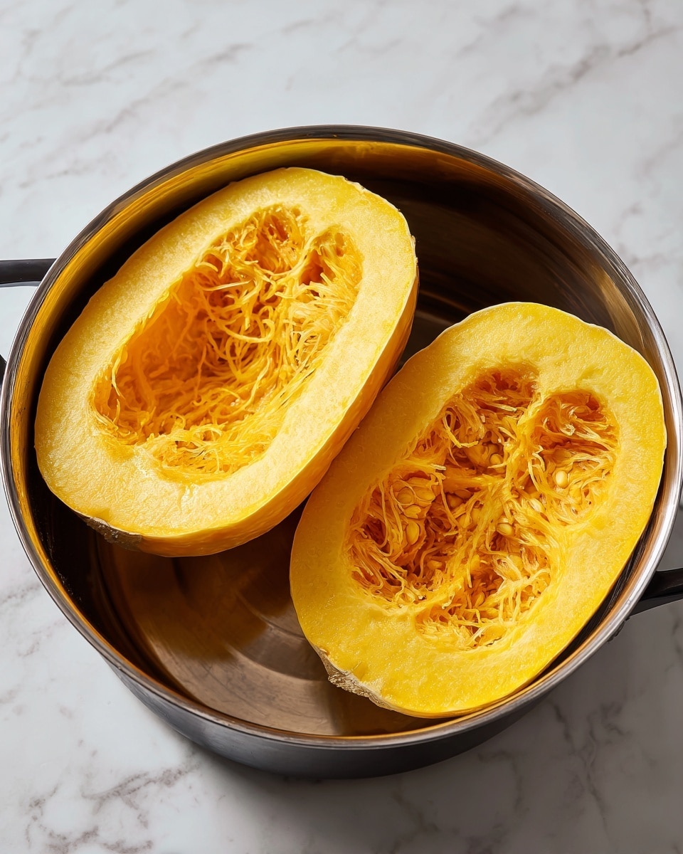 The image shows two halves of a spaghetti squash placed inside a shiny metal pot with a black outer rim, positioned face-up to display their yellow-orange fibrous seed cavities surrounded by pale yellow flesh. The pot sits on a white marbled surface, and the inside of the pot reveals a metallic base. The lighting highlights the smooth texture of the squash flesh and the soft fibrous details in the center. Photo taken with an iphone --ar 4:5 --v 7