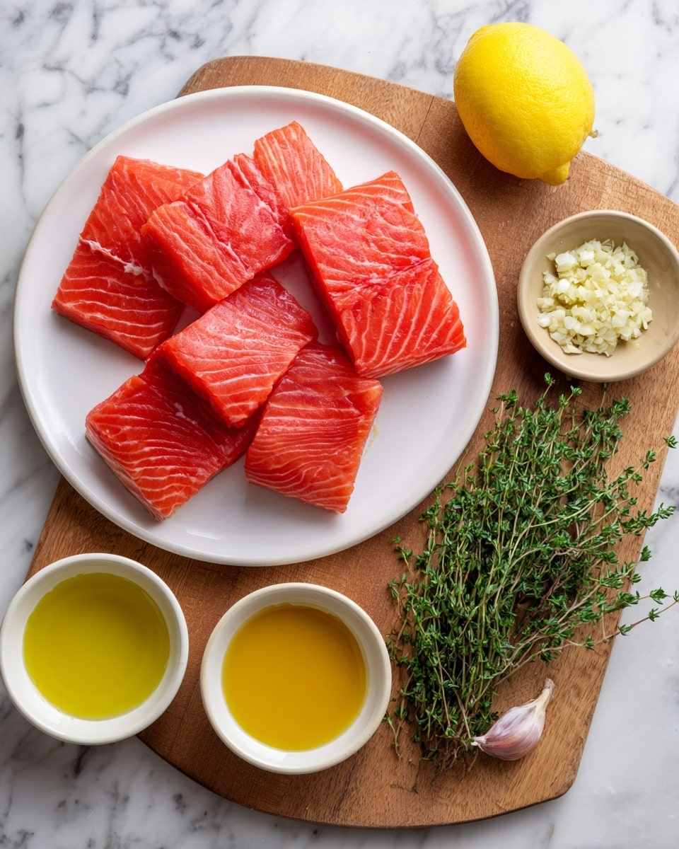 A white plate holds bright red salmon fillets cut into thick, even pieces, positioned towards the left side. On a wooden board to the right, a whole bright yellow lemon sits at the top, below it a small beige bowl contains finely chopped garlic. A green bunch of fresh thyme lies diagonally across the center of the board. At the bottom left and right corners of the board, two white bowls hold light yellow olive oil and golden honey, respectively. The entire setup is on a white marbled surface. photo taken with an iphone --ar 4:5 --v 7