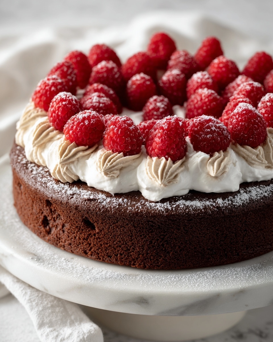 A round chocolate cake sits on a white marbled cake stand. The cake has one thick dark brown layer with a moist, slightly porous texture. On top, there is a ring of light brown chocolate whipped cream piped in swirled dollops evenly spaced around the edge. Inside this ring, fresh bright red raspberries fill the center, dusted lightly with white powdered sugar. The background is bright and white, highlighting the cake's rich colors and textures. Photo taken with an iphone --ar 4:5 --v 7