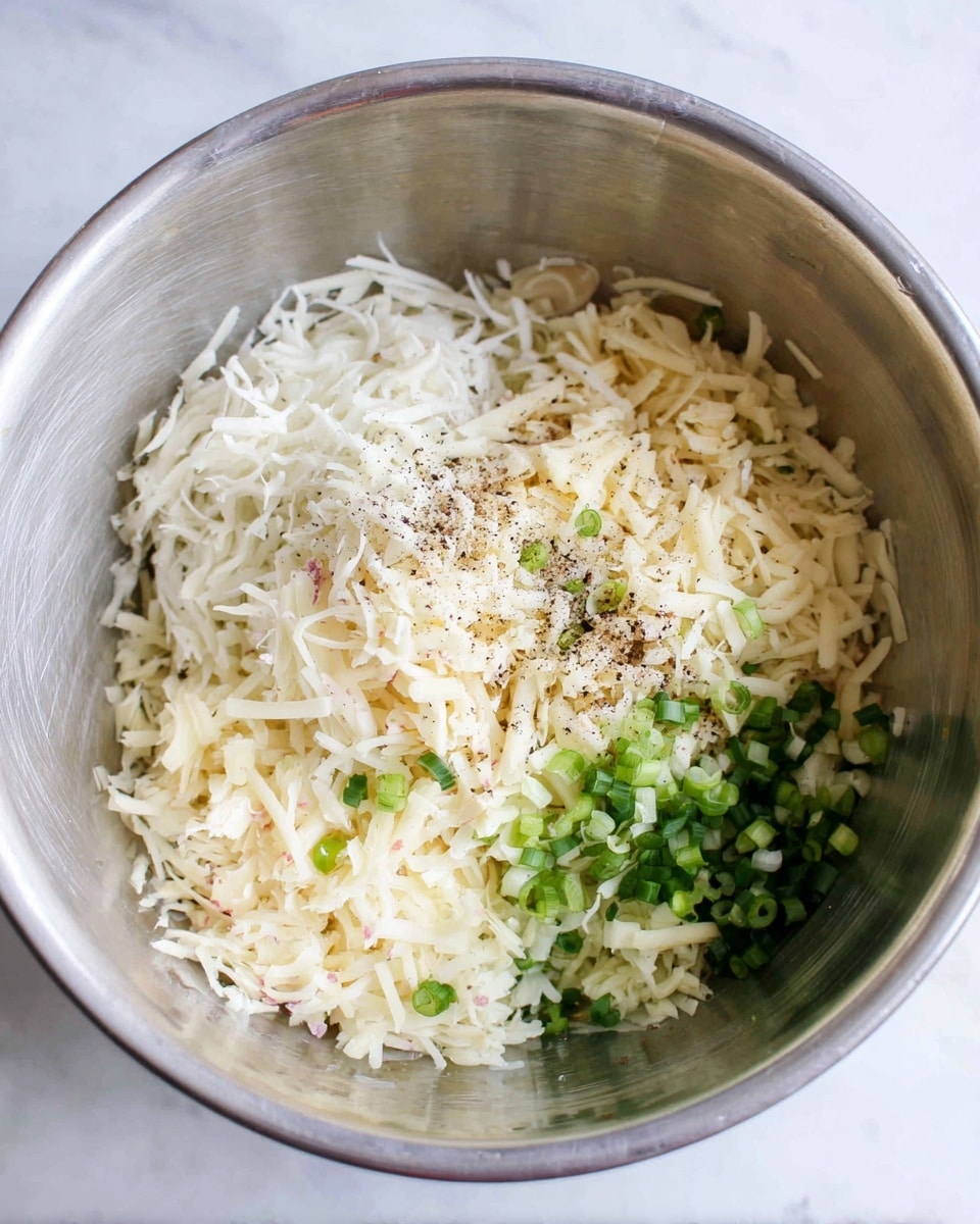 A shiny silver metal bowl holds a mixed pile of light-colored shredded ingredients. On the bottom layer, there are pale shredded pieces with hints of pink and white, topped with finely chopped light green onion slices scattered around one side. The next layer is thin white shreds of what looks like cheese, lightly sprinkled with small black pepper bits, covering most of the other layers. The inside of the bowl shines softly, and the background surface is a clean white marble texture. photo taken with an iphone --ar 4:5 --v 7