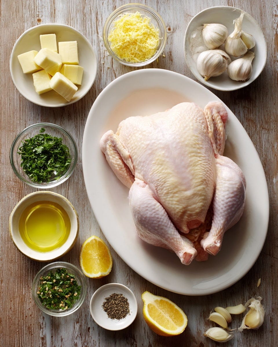 A whole raw chicken with pale pink and light yellow skin lies flat on its back showing the breast side up, placed centered on a white oval plate. Around the plate, there are small clear glass bowls holding various ingredients including cubed butter, lemon zest, chopped parsley, and herbs. There are also halves of a garlic bulb with visible cloves, lemon wedges with bright yellow flesh, minced garlic, olive oil in a small bowl, and a bowl of ground black pepper. All items are arranged neatly on a brown wooden surface, which is changed to a white marbled texture. photo taken with an iphone --ar 4:5 --v 7
