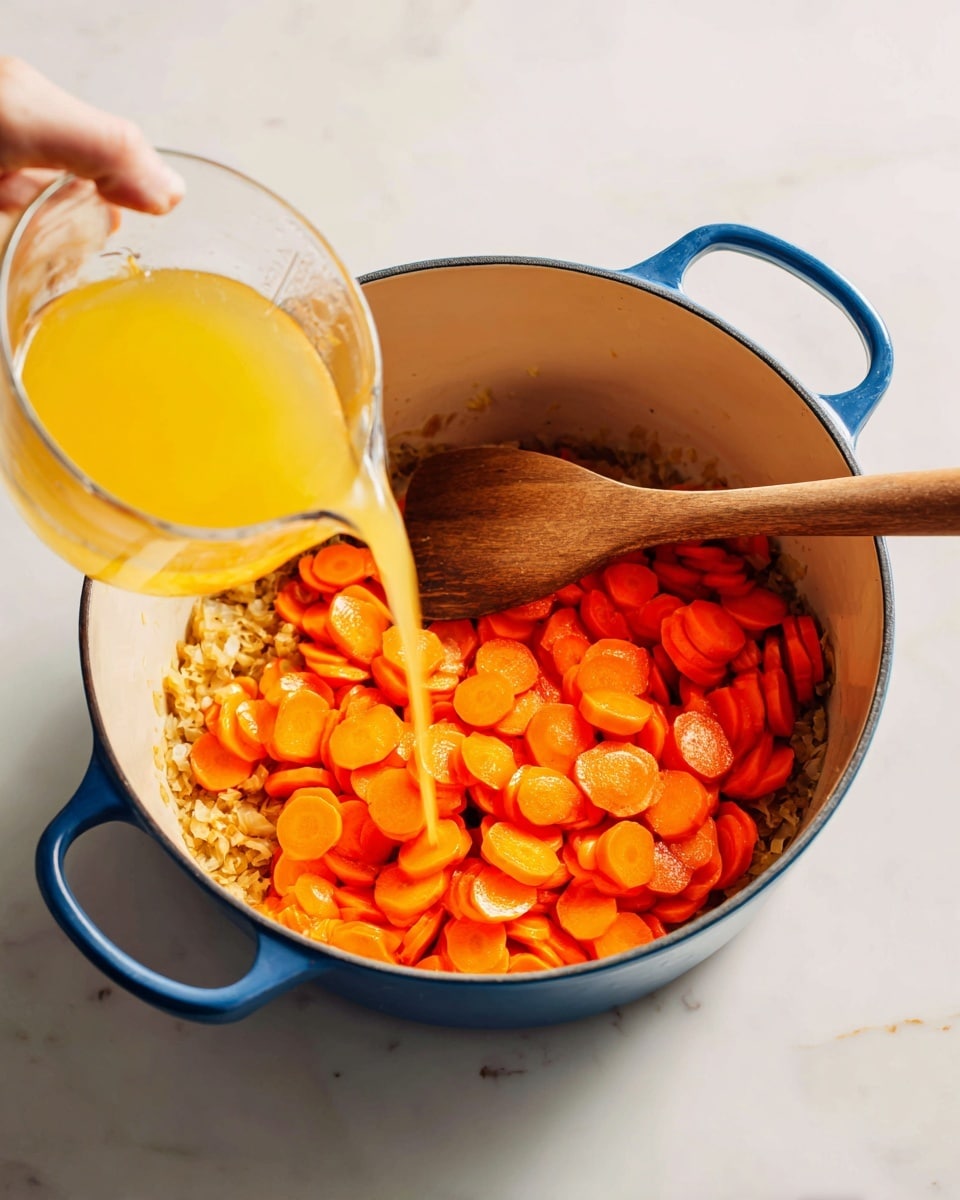 A large blue pot with two handles is placed on a white marbled surface. Inside the pot, there are two layers visible: the bottom layer has a light brown cooked onion texture, and the top layer is made of many sliced bright orange carrots that cover almost the entire surface. A wooden spoon with a smooth texture is resting inside the pot, touching the carrots on the right side. A woman's hand is pouring golden yellow liquid from a clear measuring cup into the pot from the left side. The lighting highlights the colors and textures clearly, giving a fresh and warm feeling. photo taken with an iphone --ar 4:5 --v 7