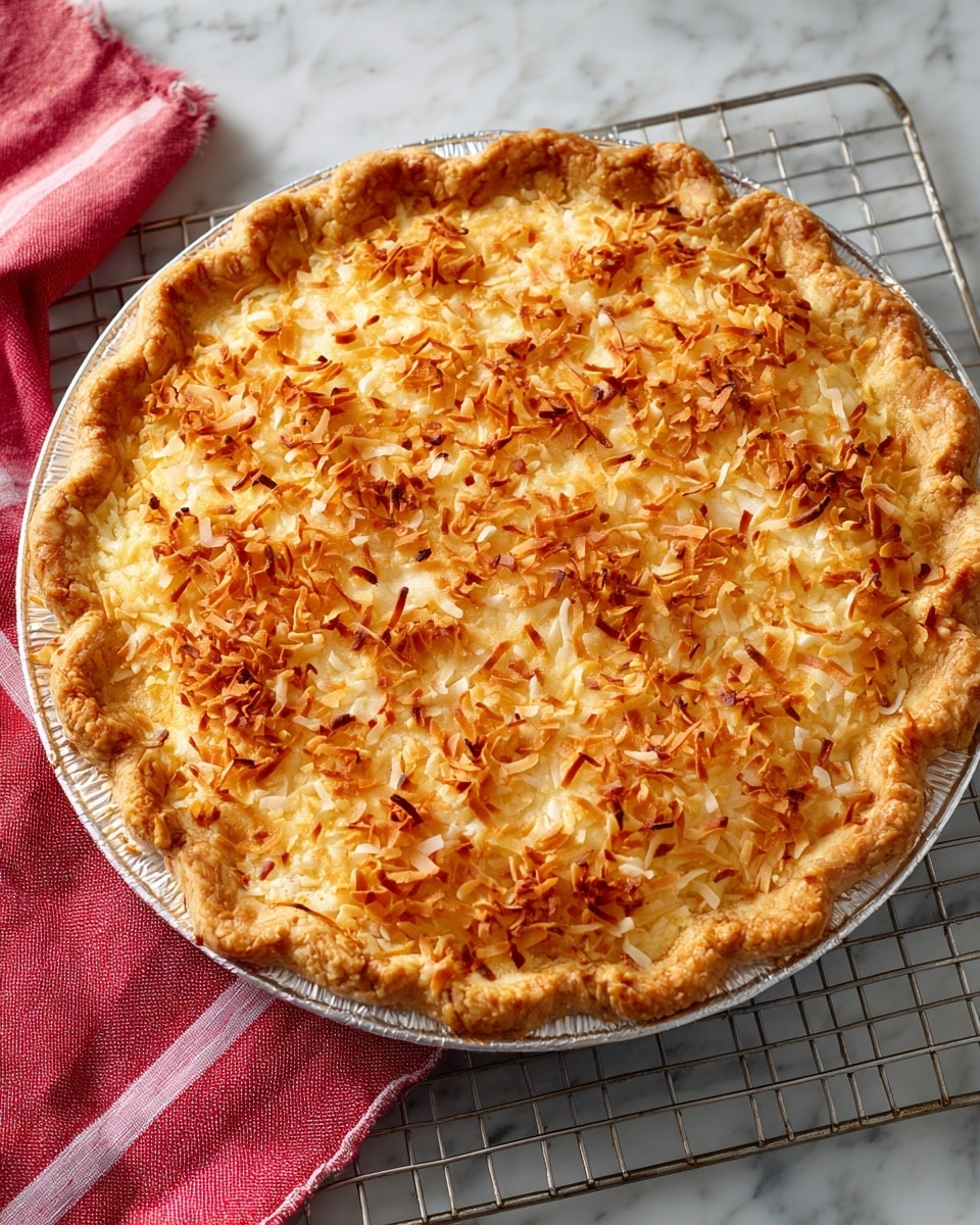 A round pie in a metal pan with a single top layer of golden brown toasted coconut flakes creating a crunchy, textured surface all over. The edges are slightly darker, showing a crisp finish, while the center is light golden with some white coconut shreds visible. The pan sits on a wire rack with a red and white cloth napkin on the side, all set on a white marbled surface. Photo taken with an iphone --ar 4:5 --v 7
