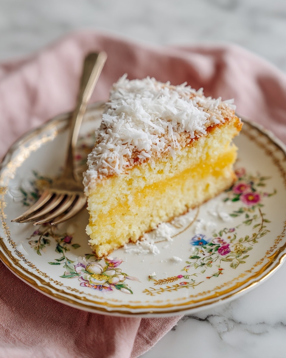 A single triangular slice of crumbly cake sits on a white plate with a detailed gold floral pattern around the edges and small colorful flowers in the center. The cake has two visible layers: a dense yellowish base with a soft texture, and a thinner top layer covered in shredded coconut and a light dusting of powdered sugar. A fork is placed on the left side, partially under the slice. The background shows a soft pink cloth on a white marbled surface. Photo taken with an iphone --ar 4:5 --v 7
