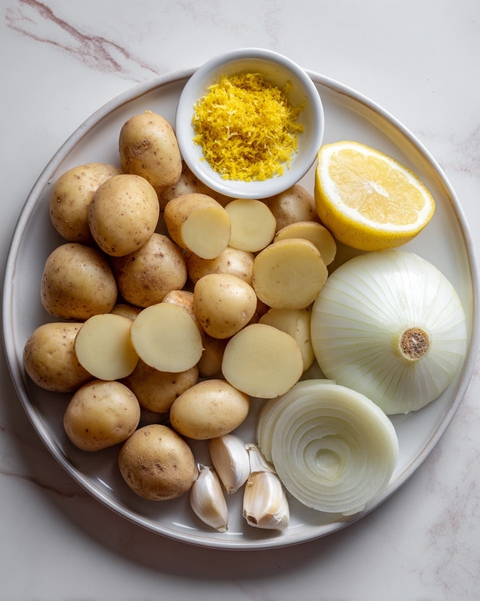 A round white plate filled mostly with many potatoes in different sizes, some whole and some sliced into thick round pieces showing a light beige inside, a large white onion sliced into thick rings on the right side, two peeled garlic cloves next to the onion, a lemon half placed in front of the onion showing its juicy yellow inside, and a small white bowl near the top filled with bright yellow lemon zest. The plate sits on a white marbled surface photo taken with an iphone --ar 4:5 --v 7