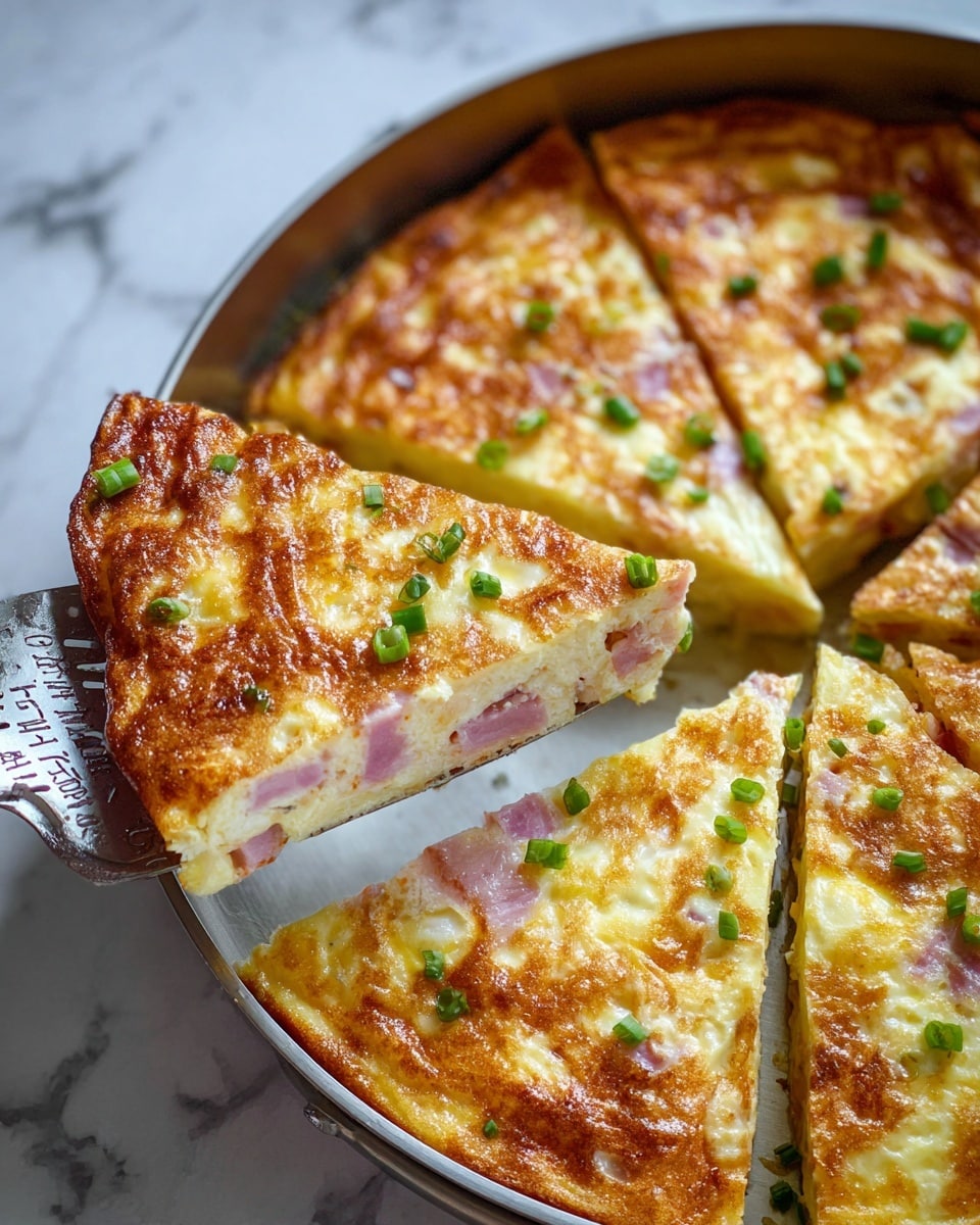 The image shows a round, golden-brown frittata sliced into six pieces inside a round metal pan. The frittata has a slightly crispy, browned top layer with visible bits of green vegetables and small chunks of pink ham spread evenly throughout. The texture is fluffy with a soft inside that contrasts the firmer, browned outer crust. One slice is slightly lifted on the right side of the pan by a silver utensil with an ornate handle. The pan sits on a white marbled surface. photo taken with an iphone --ar 4:5 --v 7