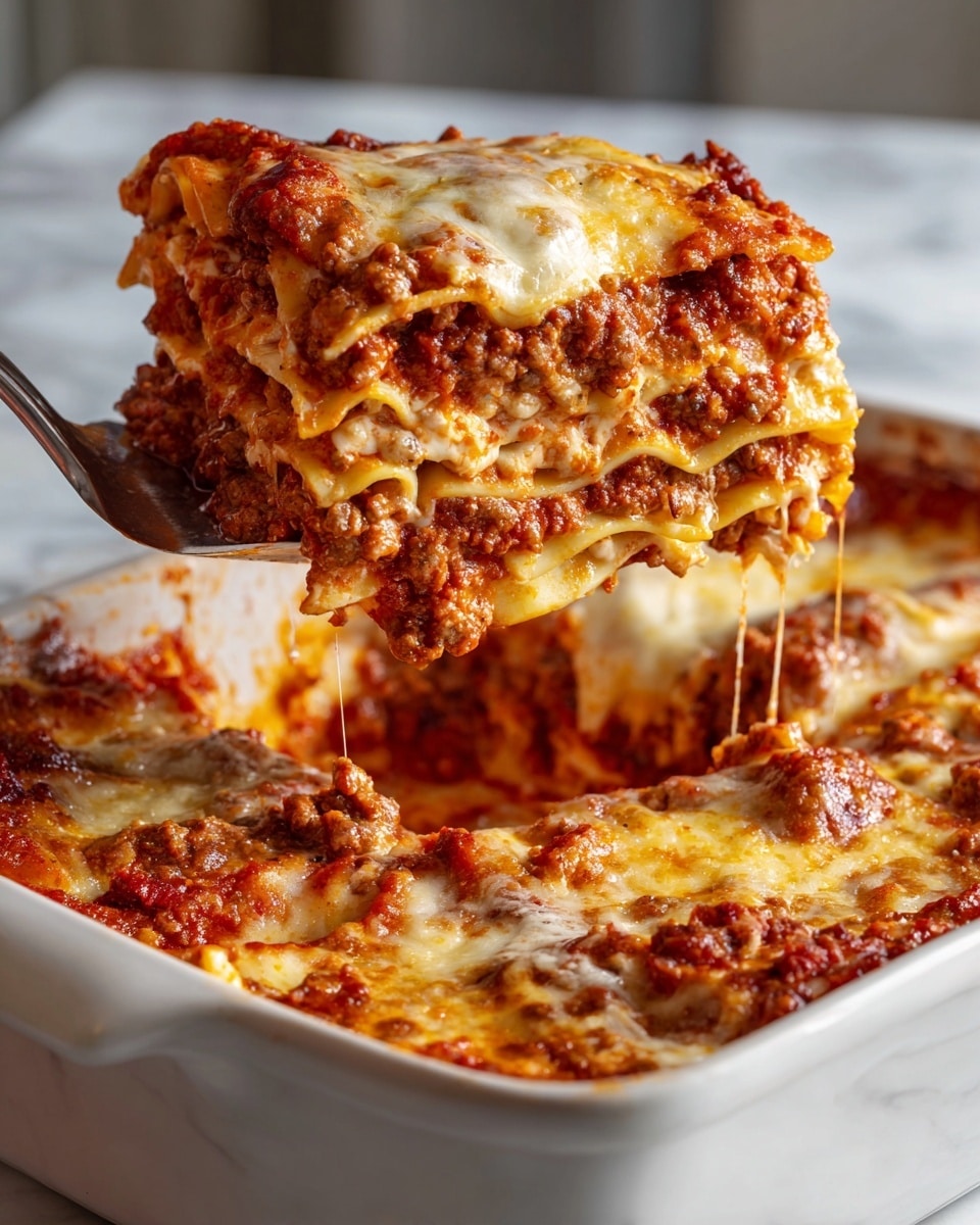 A close-up image shows a slice of lasagna being lifted out of a white baking dish on a white marbled surface. The lasagna has multiple layers, including flat pasta sheets that are yellowish and slightly soft in texture. Between the pasta layers are thick layers of red tomato sauce with bits of cooked ground meat, and creamy melted cheese that is golden brown on top and soft inside. The top layer is covered in more melted cheese with a slightly bubbly and browned surface. The slice is held by a metal spatula, and slight strings of cheese stretch from the main dish to the lifted slice. Photo taken with an iphone --ar 4:5 --v 7