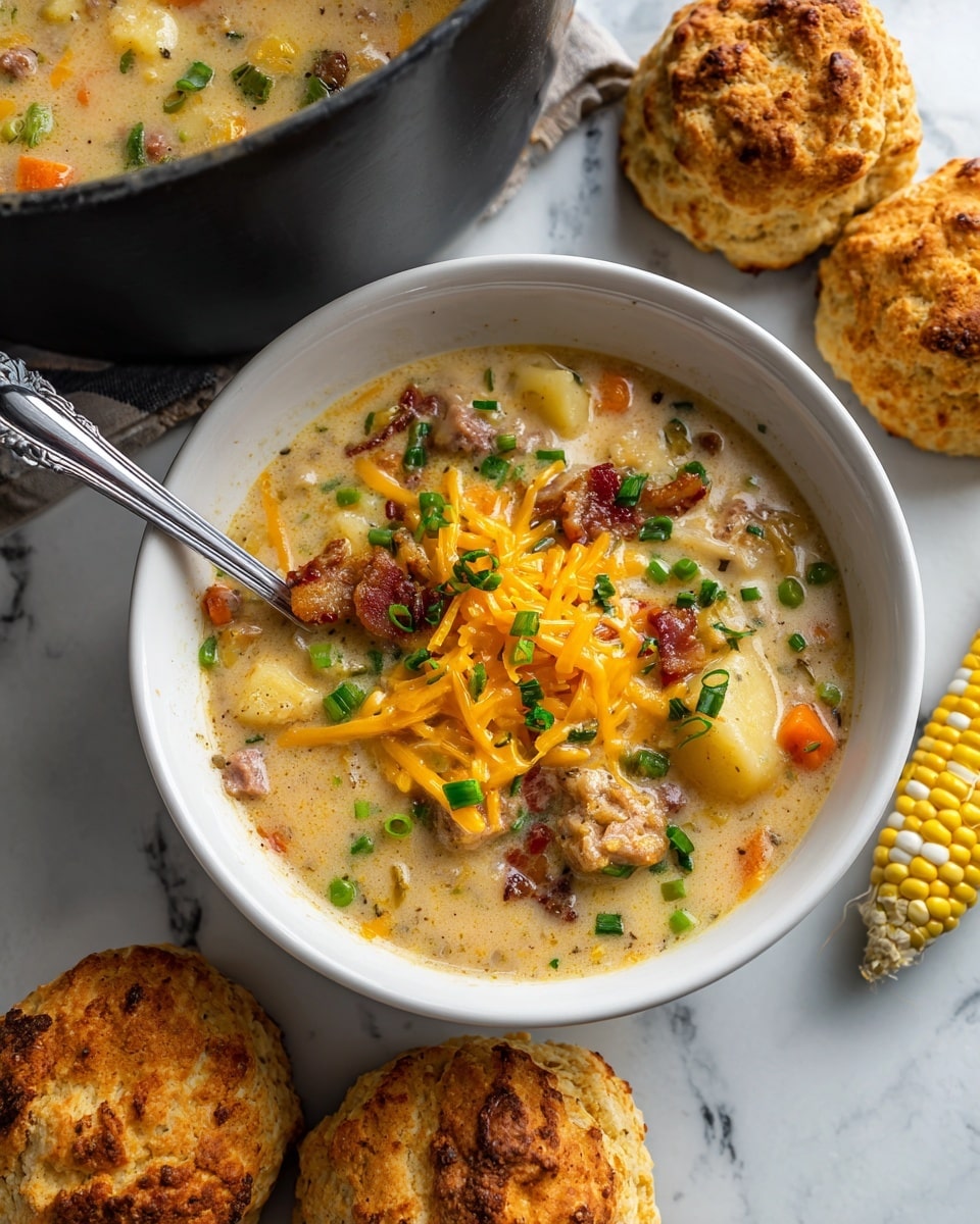The image shows a white bowl filled with creamy soup that has visible chunks of potatoes, corn, carrots, sausage, and bacon pieces, topped with shredded cheddar cheese and green onion pieces. A silver spoon is placed inside the bowl. Next to the bowl, there are two golden brown biscuits with a rough textured surface, placed on a white marbled texture. Above the biscuits, there are two ears of yellow and white corn. A large black pot filled with the same soup is partially visible on the left side. Photo taken with an iphone --ar 4:5 --v 7