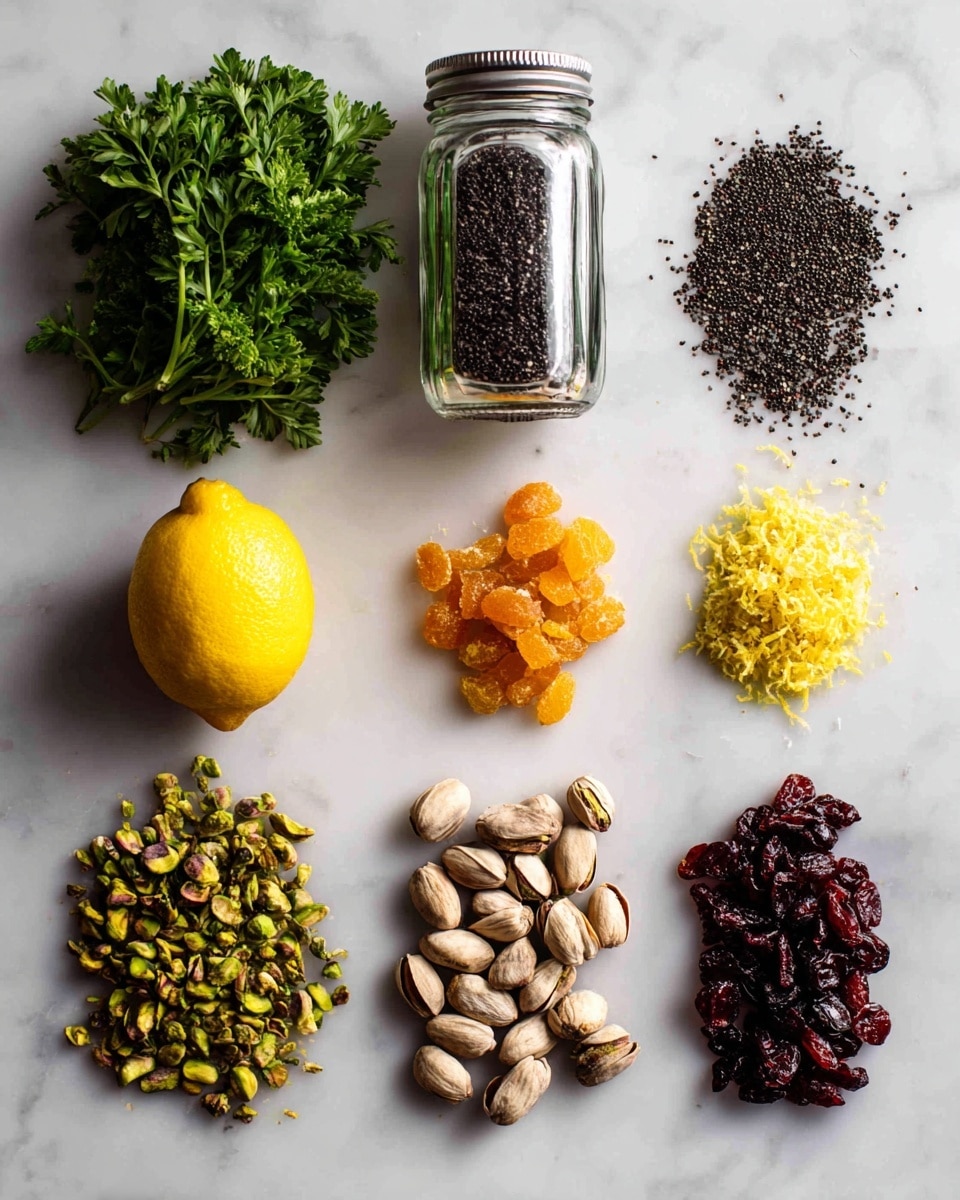 The image shows eight groups of ingredients arranged in four rows and two columns on a white marbled surface. In the top row, a bunch of fresh green herbs is on the left and small chopped orange pieces are on the right. The second row has a small glass jar lying on its side with black seeds spilling slightly on the left, and a pile of loose black seeds on the right. In the third row, a whole yellow lemon is on the left and a pile of yellow lemon zest is on the right. The fourth row presents whole greenish-brown pistachios on the left and chopped pistachios on the right. Finally, in the bottom row, dark red dried cranberries are on the left and smaller chopped dried cranberries are on the right. Photo taken with an iphone --ar 4:5 --v 7