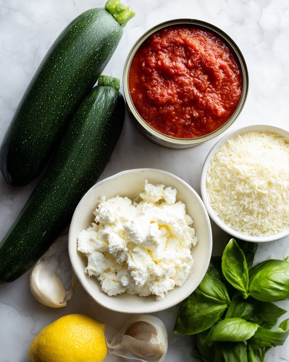 The image shows fresh ingredients arranged on a white marbled surface. There are two dark green zucchinis placed diagonally on the left side. To the right, there is an open can filled with bright red tomato sauce. Below the can, a white bowl contains soft white cheese with a smooth texture. Next to this bowl, another white bowl is full of finely grated white cheese. In front of the bowls, a half yellow lemon is resting beside a peeled clove of garlic and a bunch of fresh green basil leaves. The colors are vibrant and the textures are clear, giving a fresh and natural look to the scene. Photo taken with an iphone --ar 4:5 --v 7