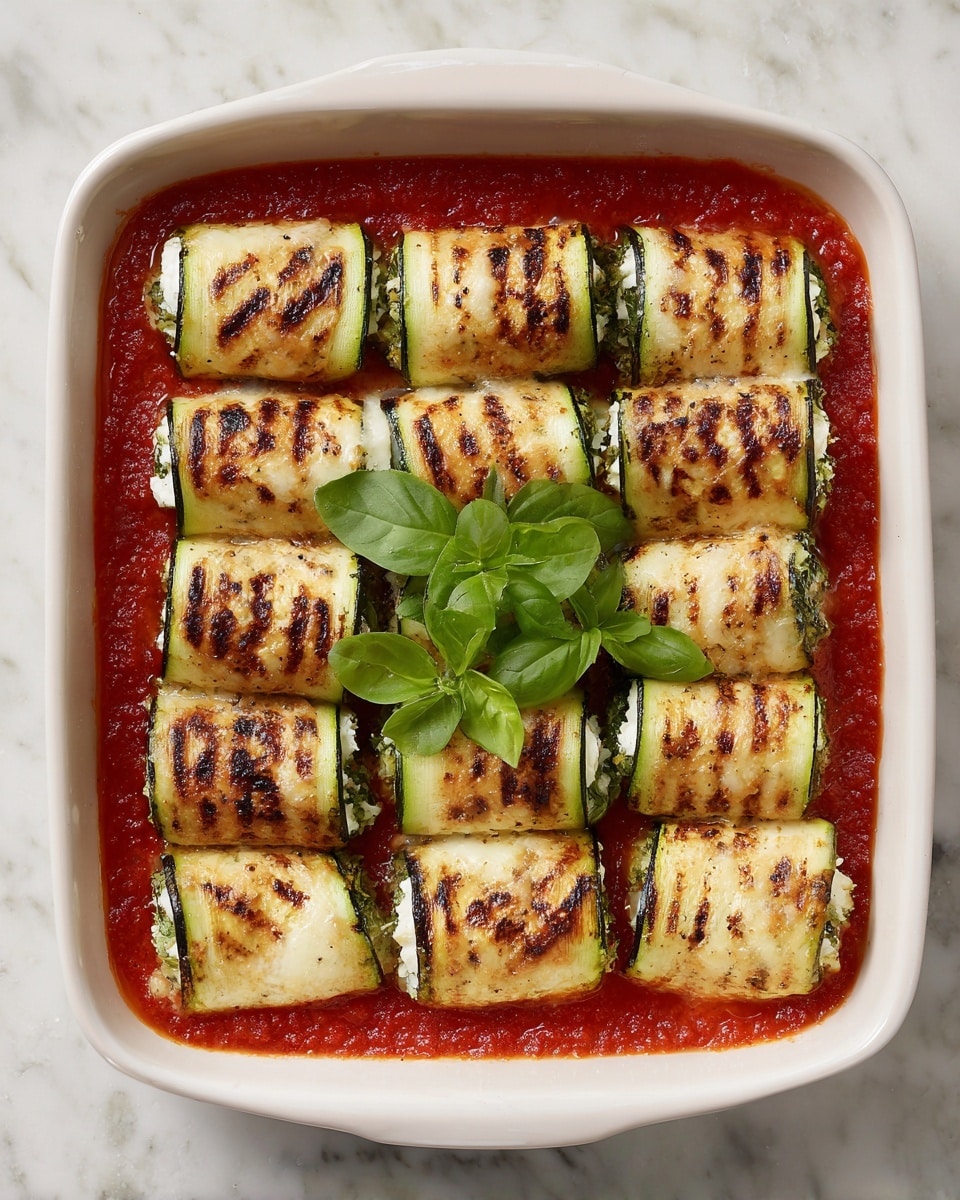 The image shows a white dish filled with a red tomato sauce base. On top of the sauce, there are two rows of rolled zucchini slices. Each zucchini slice is grilled with brown char marks and is green around the edges with a yellowish inside. The rolls are filled with a white ricotta-like cheese mixture that is slightly textured and creamy. The rolls are evenly spaced, and the red sauce is visible between and around the zucchini rolls. The background surface is a white marbled texture. Photo taken with an iphone --ar 4:5 --v 7