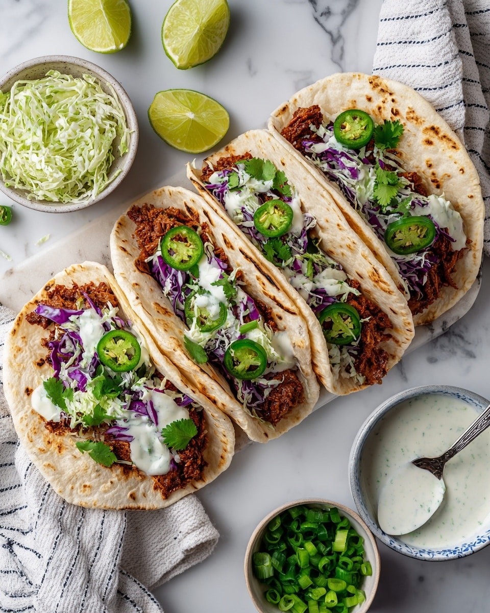 Two flat, folded tortillas lie on a white marbled surface. Each tortilla is light golden brown with slight charring marks. Inside, the first layer shows grilled pieces of dark brown meat with a slight glaze. Above the meat, thinly sliced purple cabbage fills the tacos, adding a vibrant pop of color. Small slices of green jalapeño peppers and chopped green onions are mixed with the cabbage. A light drizzle of white creamy sauce is visible on top, and fresh green cilantro leaves finish the look. The background is a blurred kitchen setting, making the tacos the main focus. photo taken with an iphone --ar 4:5 --v 7