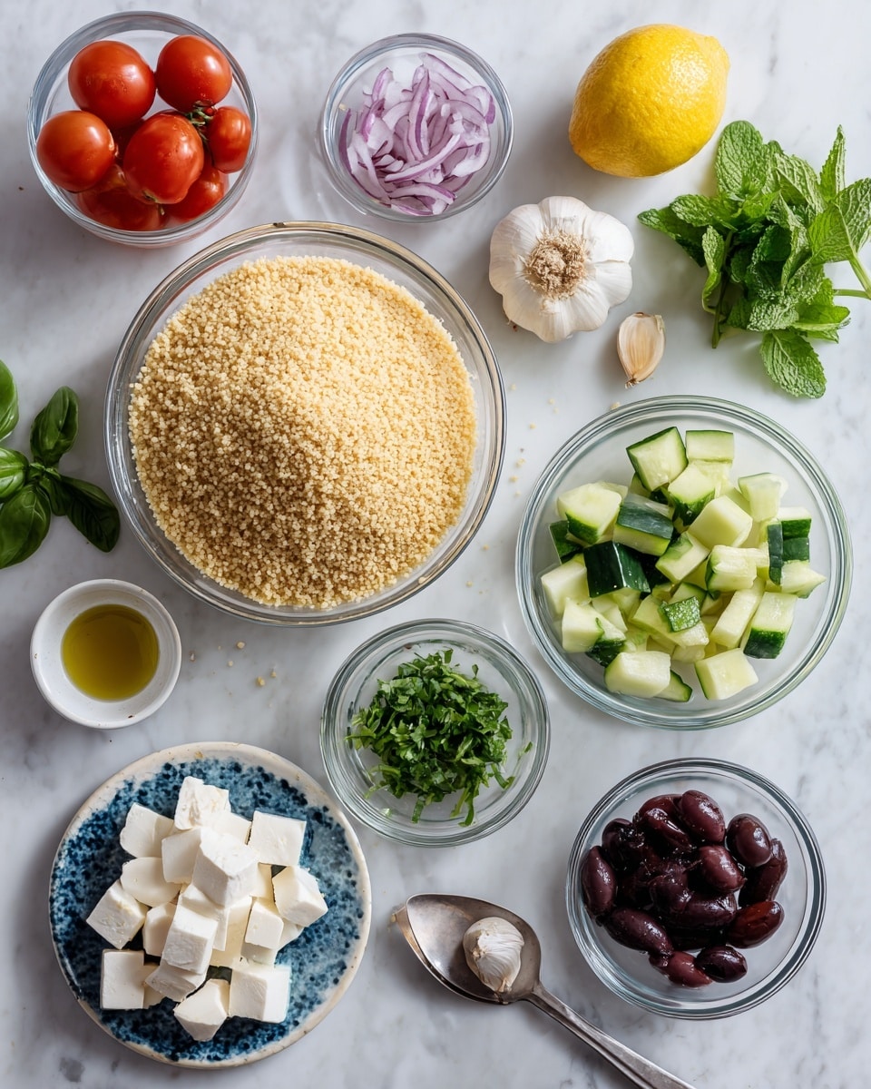 The image shows a white marbled surface with several small bowls and ingredients neatly arranged. There is a large clear glass bowl in the center filled with light brown couscous grains. Around it, there are smaller clear glass bowls containing green cucumber chunks and pale green courgette pieces. A small white plate with blue speckles holds white feta cheese cubes. A small bowl contains dark black kalamata olives. Fresh green basil, parsley, and mint leaves are placed near the bowls. Half a yellow lemon and two garlic cloves are also visible. Cherry red tomatoes are in a clear bowl, and finely chopped red onion is in a clear bowl at the top left. A small metal spoon holds olive oil. All items are placed on a clean white marbled surface, photo taken with an iphone --ar 4:5 --v 7